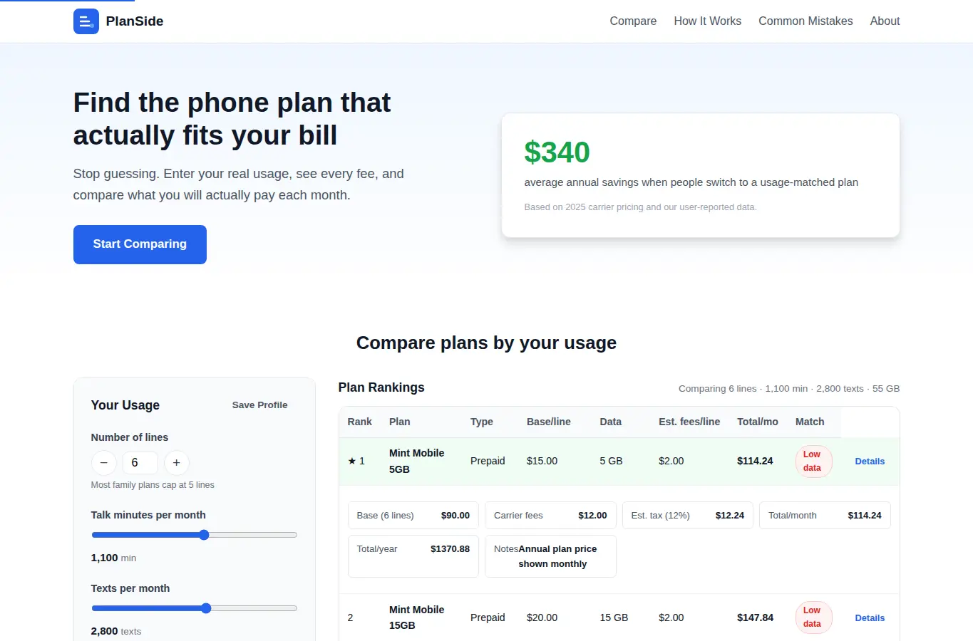 Screenshot of PlanSide: Phone Plan Comparator interface showing the project page in use